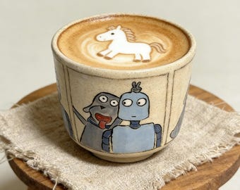 Caneca de café artesanal de cerâmica com robô e cachorro, xícara de chá de cerâmica ilustrada fofa, presente lúdico inspirado em sonhos de robôs pintados à mão, caneca única