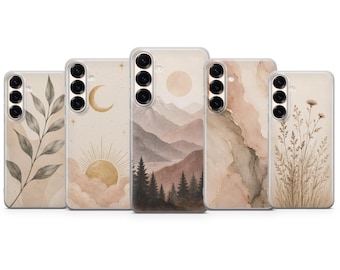 Beige Aesthetic Phone Case Botanical Mountain Design Cover für Samsung S23 S22 S21 S24 S25 S26 Serie