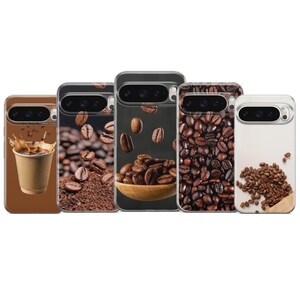 May include: Five phone cases with coffee-themed designs. The cases display images of coffee beans, coffee grounds, and a cup of coffee with a splash. The cases are in various shades of brown and black.