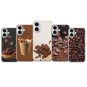 May include: Five mobile phone cases with coffee-themed designs. One case shows coffee beans in a wooden bowl, another a coffee splash, and a third coffee beans spilling from a paper bag. The other two cases are covered in coffee beans.