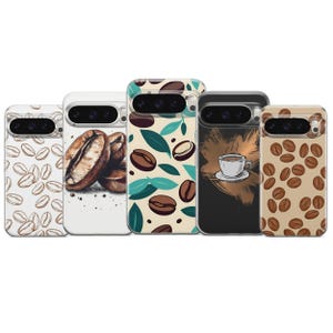 May include: Five phone cases with coffee-themed designs. The cases display images of coffee beans, leaves, and a cup of coffee. The colour palette includes shades of brown, beige, and black.