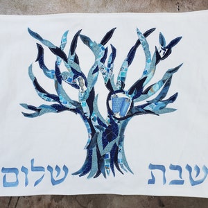 Blau Mosaik Baum des Lebens Challah Abdeckung: Handgemachte Shabbat Shalom Geschenk