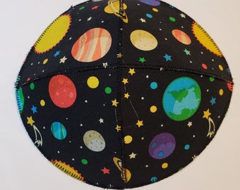 Colorful Planets and Stars Saucer Style Kippah Yarmulke Solar System Outer Space Constellations