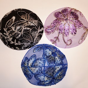 Floral Embroidered Sequined Kippah: Ladies Head Covering for Bat Mitzvah