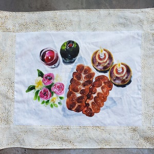 Shabbat Challah Cover: Watercolor Candles, Wine & Flowers, Organic Cotton
