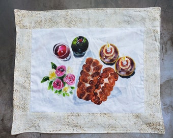 Shabbat Challah Cover  Wedding or Housewarming Gift Candles, Wine, Flowers and Challah Watercolor with recipe card