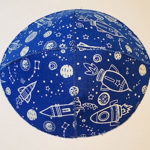 Glow in the Dark Rockets and Planets Saucer Kippah Yarmulke Blue and White