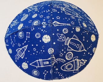 Glow in the Dark Rockets and Planets Saucer Kippah Yarmulke Blue and White