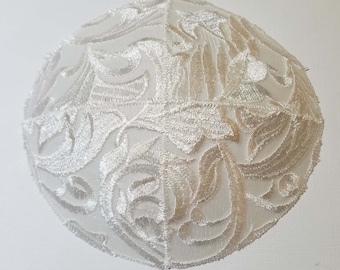 White Embroidered Floral Leaves Ladies Kippah Head Covering Yarmulke Bat Mitzvah Wedding Special Occasion Flowers