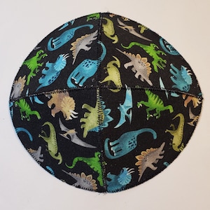 Dinosaurs Galore Saucer Kippah Yarmulke Black T Rex, Brontosaurus, Apatosaurus, Triceratops, Velociraptor and more