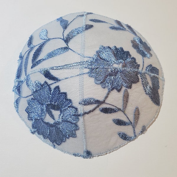 Blue Embroidered Floral Leaves Ladies Kippah Head Covering Yarmulke Bat Mitzvah Wedding Special Occasion Flowers