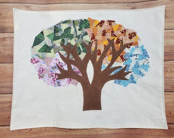 4 Seasons Mosaic Tree of Life Challah Cover  Wedding or Housewarming Gift Raw Edge Applique Fabric Art Large