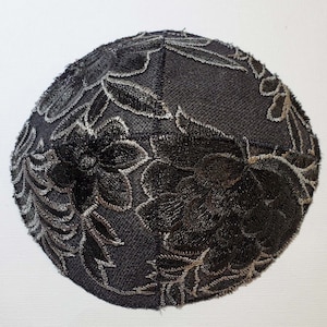 Black Embroidered Floral Leaves Ladies Kippah Head Covering Yarmulke Bat Mitzvah Wedding Special Occasion Flowers