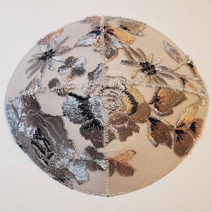 Silver Embroidered Flowers Ladies Kippah Head Covering Yarmulke Bat Mitzvah Wedding Special Occasion
