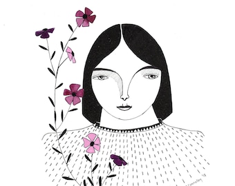 Original pen and ink illustration woman with flowers, Graphic art, Woman and floral drawing, Original ink art, Original girl and flower art