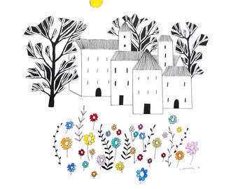 Original ink and watercolour illustration, Drawing of homes with flowers and trees, Scandi style painting. Original graphic art of houses