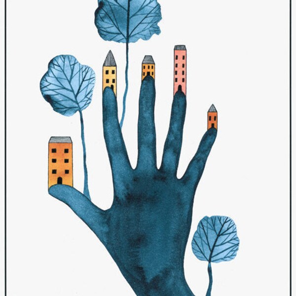 Art illustration print hand and houses, Trees village graphic art, Drawing homes, Hand art, Blue gold illustration print 10 x 8 artwork