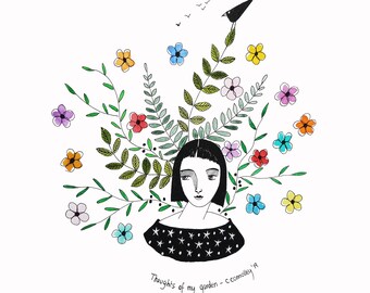 Original watercolour and ink painting of girl with flowers, Girl with bird artwork, Folk art flower garden and bird, Garden illustration