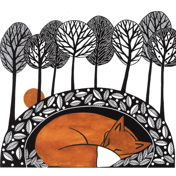 Fox illustration nature print, Pen and ink art, Fox illustration art, Graphic fox art, Fox print from my original painting, Sleeping fox 7x5