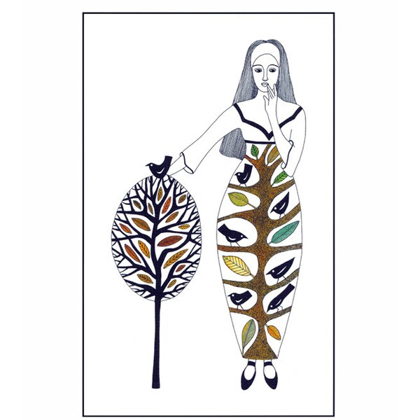 Art illustration of woman, Graphic print 10 x 8, Art drawing of woman and tree, Woman and birds, Tree and bird art, Watercolor illustration