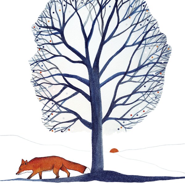 Fox illustration print in winter landscape with tree, Fox drawing in winter, Animal art winter scene, Scandinavian style artwok of fox, Art