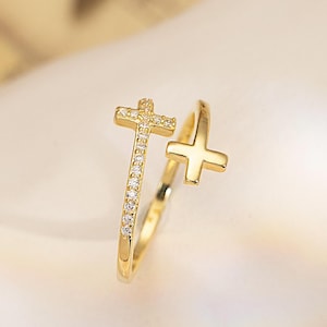 Bague ouverte croix en or délicate | Bague Faith réglable en diamants CZ | Bijoux religieux chrétiens minimalistes | Vendredi saint | Cadeau de Pâques pour elle