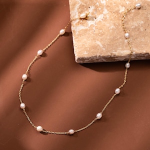 Vintage Freshwater Pearl Necklace, P earl  Choker,Multiple Pearl Gold Chain,Wedding Jewelry