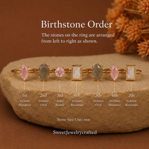 May include: Seven gold rings with various gemstone shapes and sizes arranged in a row. Text labels indicate birthstone order and dimensions in mm, including marquise, oval, round, and rectangle cuts. The rings are displayed on a textured stone surface.