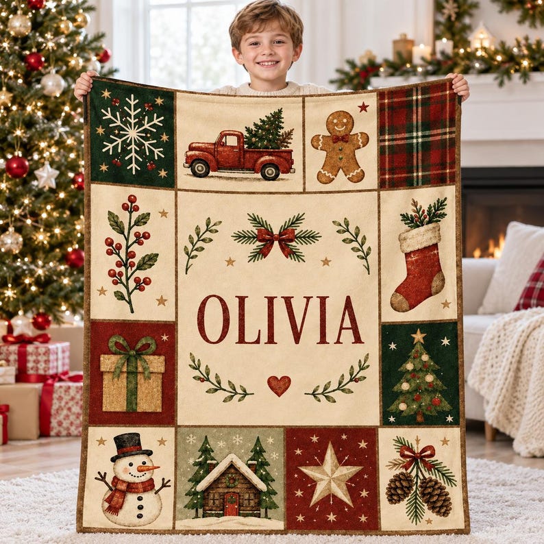 May include: A rectangular throw blanket featuring a grid of Christmas-themed illustrations including a red truck, gingerbread man, stocking, snowman, and a cabin. The center panel displays the name OLIVIA in large red letters.