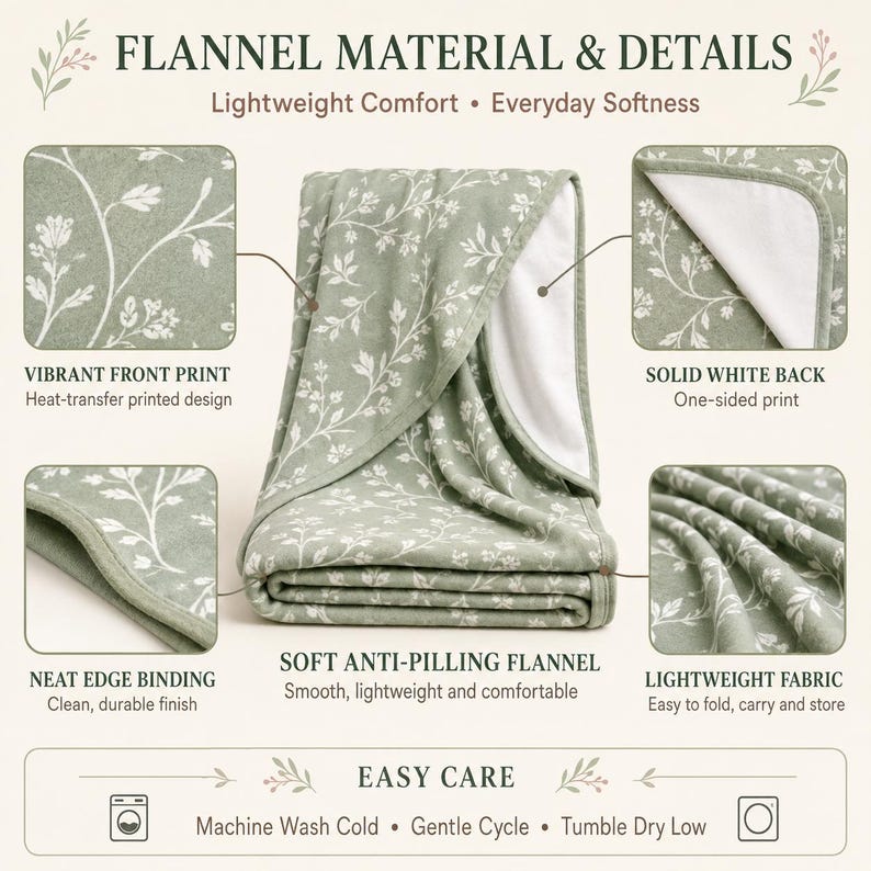 May include: A sage green flannel blanket featuring a white floral vine print on the front and a solid white back. The blanket has neat edge binding, a soft anti-pilling texture, and is lightweight. Text includes FLANNEL MATERIAL & DETAILS.