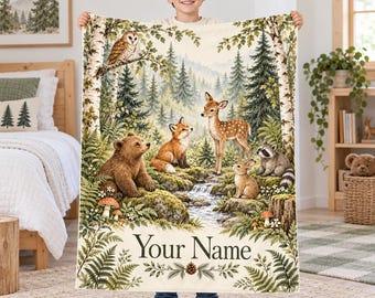 Personalized Woodland Baby Blanket,Custom Name Forest Animal Throw,Bear Fox Deer Nursery Decor,Neutral Baby Shower Gift,Newborn Photo Prop