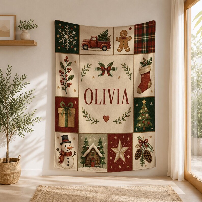 May include: A rectangular woven throw blanket featuring a cream-colored center panel with the name OLIVIA in red letters, surrounded by a grid of festive holiday illustrations including a red truck, gingerbread man, and snowman.