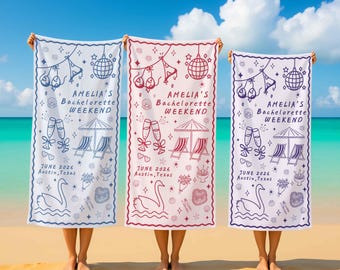 May include: Three rectangular beach towels with a white background and a scalloped border. Each towel features line art of a disco ball, champagne flutes, beach chairs, and a swan, with the text AMELIA'S BACHELORETTE WEEKEND JUNE 2026 AUSTIN, TEXAS.