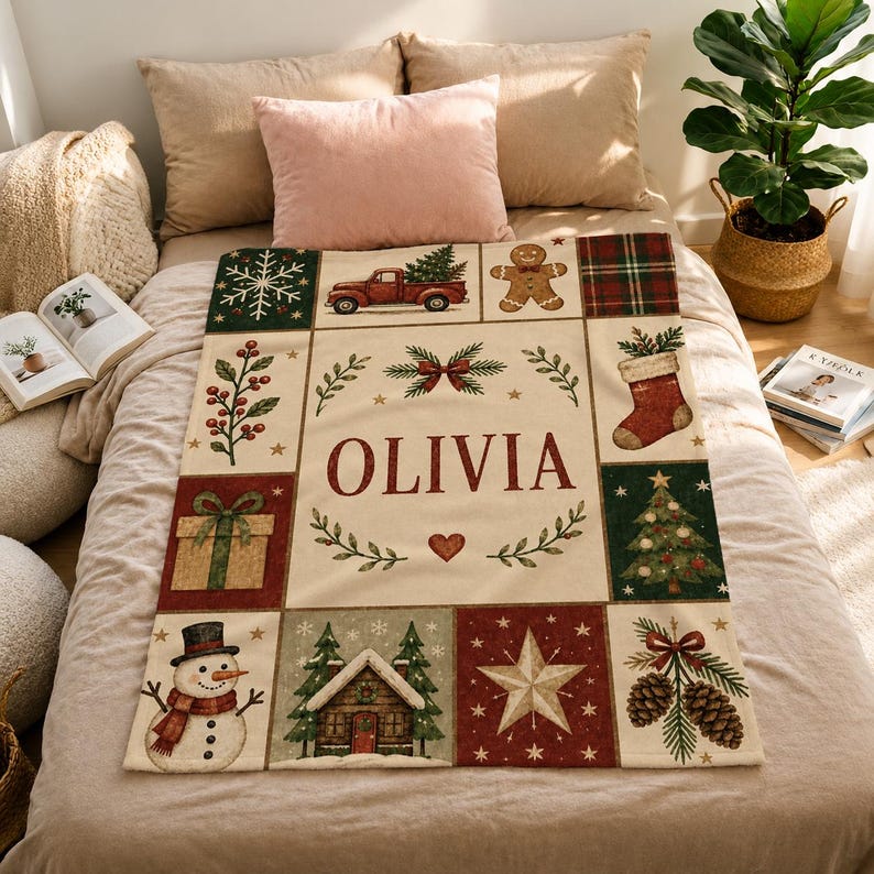 May include: A cream-colored throw blanket featuring the name OLIVIA in red letters, surrounded by a grid of Christmas-themed illustrations including a red truck, gingerbread man, snowman, pine trees, a stocking, and a star.