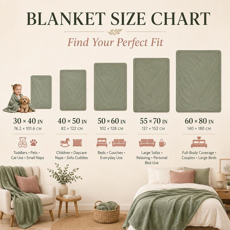 May include: A blanket size chart titled BLANKET SIZE CHART and Find Your Perfect Fit. It displays five sage green blankets in increasing sizes from 30x40 inches to 60x80 inches, with corresponding icons and text for usage scenarios.
