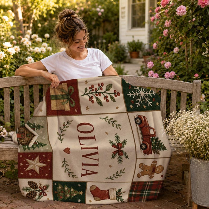 May include: A cream-colored throw blanket featuring a grid of Christmas-themed illustrations including a red truck, a gingerbread man, a stocking, a gift, and a star. The name OLIVIA is printed in large, dark red letters in the center.