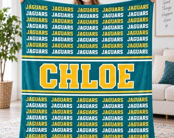 May include: A teal fleece blanket featuring a repeating pattern of the word JAGUARS in yellow block letters. A horizontal white stripe separates the top and bottom sections, with the name CHLOE printed in large yellow letters in the center.