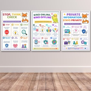 May include: Three educational posters featuring colorful illustrations of a fox and a bird. The posters contain text titled Stop, Think, Check; Kind Online, Kind Offline; and Private Information Stays Private, providing safety guidelines for children.