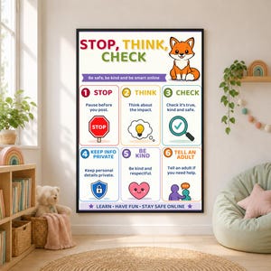 Op de afbeelding: Een verticale educatieve poster getiteld STOP, THINK, CHECK met een cartoonvos en zes genummerde stappen voor online veiligheid. De kleurrijke kaart bevat iconen zoals een stopbord, een gloeilamp, een vergrootglas, een schild, een hart en mensen.