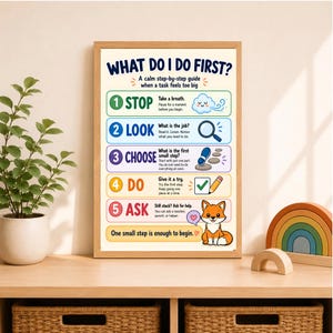 Pode incluir: Um cartaz educativo emoldurado intitulado WHAT DO I DO FIRST? apresentando um guia de cinco passos com ícones e texto coloridos. Os passos incluem STOP com uma nuvem, LOOK com uma lupa, CHOOSE com pegadas, DO com um lápis e ASK com uma raposa.