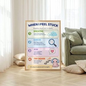 May include: A rectangular educational poster titled WHEN I FEEL STUCK with four steps: 1. BREATHE with a blue cloud, 2. CHECK with a magnifying glass, 3. ASK with a heart speech bubble, and 4. TRY AGAIN with a pink axolotl wearing blue headphones.