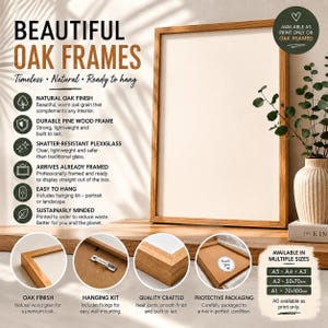 May include: A rectangular oak wood frame with a light-colored backing. The image includes text detailing features like a natural oak finish, pine wood construction, shatter-resistant plexiglass, and a hanging kit. Sizes listed include A5, A4, A3, A2, 50x70cm, A1, 70x100cm, and A0.