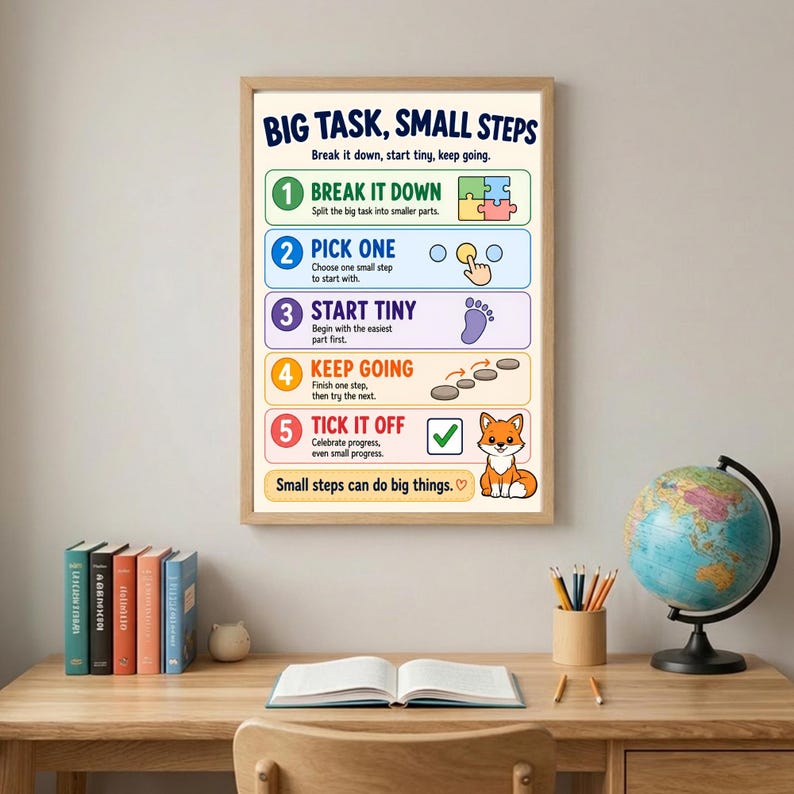 May include: A framed educational poster titled Big Task, Small Steps with five numbered steps. The design features colorful icons including a puzzle, a hand selecting a circle, a footprint, stepping stones, and a green checkmark next to a cartoon fox.