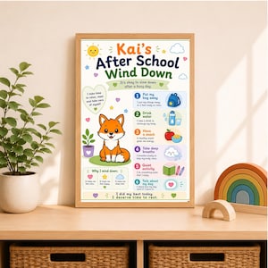 Può includere: Un poster incorniciato intitolato Kai's After School Wind Down con una volpe a cartone animato e un elenco di routine in sei passaggi. Il grafico include icone di zaino, borraccia, mela, nuvola, libro e cuore con testo descrittivo.