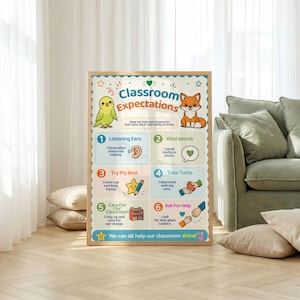 Puede incluir: Un póster rectangular titulado Classroom Expectations con fondo claro y marco de madera. Presenta una ilustración de un pájaro amarillo y un zorro naranja, con seis reglas numeradas que incluyen iconos para escuchar y ayudar.
