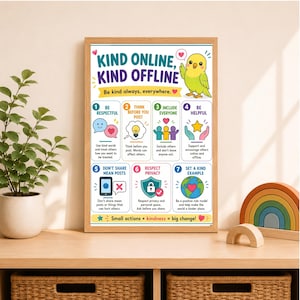 May include: A framed educational poster titled Kind Online, Kind Offline featuring a yellow parakeet and seven numbered tips for digital citizenship. The design includes colorful icons, text, and the message Small actions + kindness = big change.