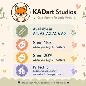 May include: A promotional graphic for KADart Studios featuring a cartoon fox logo and text detailing poster sizes A4 through A0, discount offers of 15% for 3+ posters and 20% for 5+ posters, and suggested room placements, all decorated with small hearts and leaves.