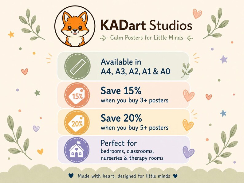 May include: A promotional graphic for KADart Studios featuring a cartoon fox logo and text detailing poster sizes A4 through A0, discount offers of 15% for 3+ posters and 20% for 5+ posters, and suggested room placements, all decorated with small hearts and leaves.