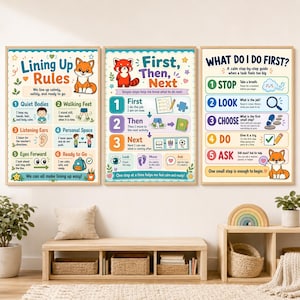 May include: Three educational wall posters featuring colourful illustrations and text. The posters are titled Lining Up Rules, First, Then, Next, and What Do I Do First, providing step-by-step guidance with numbered lists, icons, and fox characters.