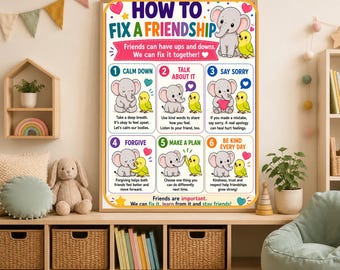Conflict Resolution Poster for Kids, How to Fix a Friendship, SEL Social Skills Classroom Decor, School Counselor Wall Art